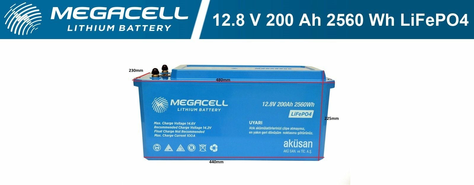 Obus Karavan  Megacell LiFePO4 Batarya Lityum Demir Fosfat Akü 12.8 V 200 Ah