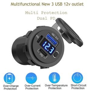 Bir Usb Type-A ve Bir Usb Type-C Şarj Cihazı (Voltmetreli - On-Off Anahtarlı - Mavi Işıklı)