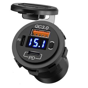 Bir Usb Type-A ve Bir Usb Type-C Şarj Cihazı (Voltmetreli - On-Off Anahtarlı - Mavi Işıklı)