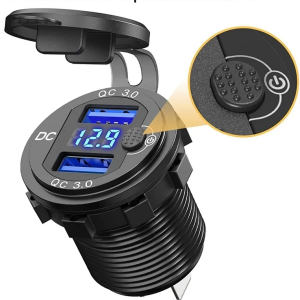 İki Usb Type-A  Şarj Cihazı  (Voltmetreli - On-Off Anahtarlı - Mavi Işıklı) 5V 3A/9V 2A /12V 1,5A Max : 36W