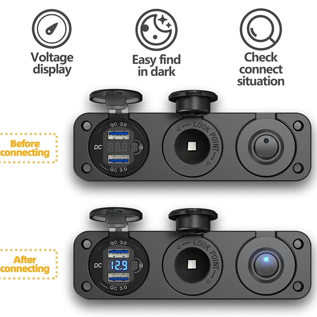 ARAÇ TEKNE ATV ÇİFT USB ŞARJ , ÇAKMAKLIK  ON/OFF ANAHTAR ÜÇLÜ SET