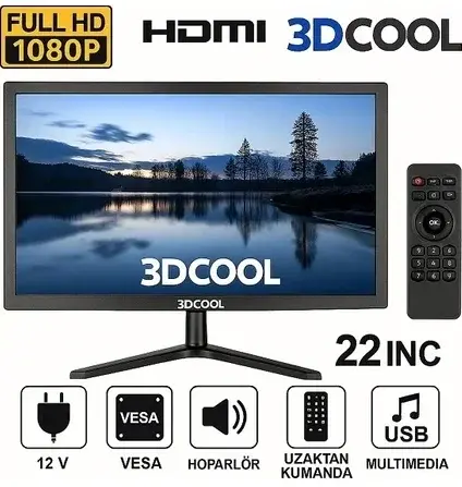 Mellifera 12V 22'' Led 1080P FULL HD Monitör TV ( Kumandalı ) ( HDMI, VGA,AUX, USB)