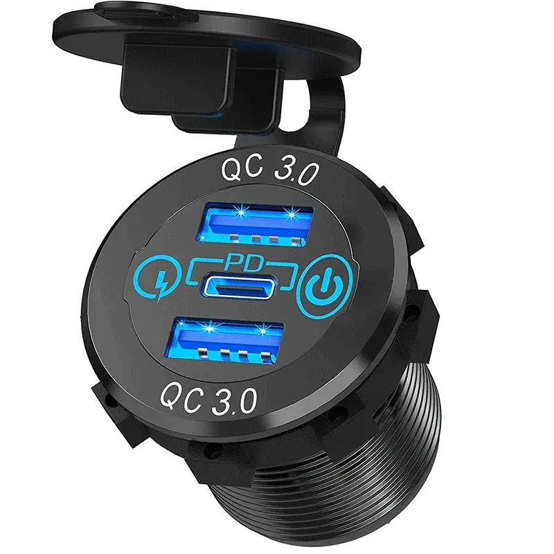 Mellifera İki Usb Type-A + Bir Usb Type-C Şarj Cihazı (On - Off Anahtarlı Mavi Işıklı)